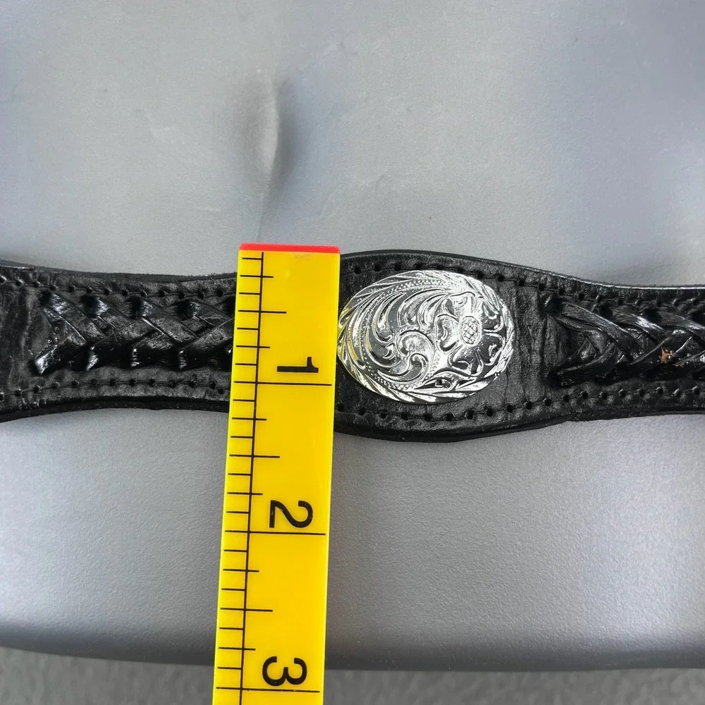 VTG Black Basketweave Leather Western Cowboy Belt Silver Conchos Men's 36